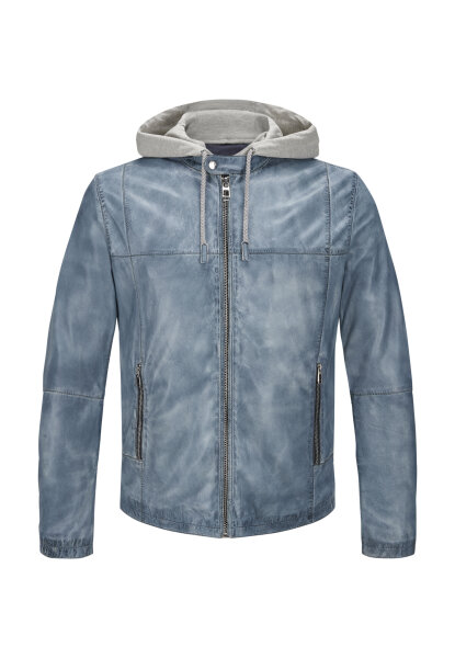 MILESTONE Herren Lederjacke MSRaymond mit Kapuze im gewaschenen Mittelblau