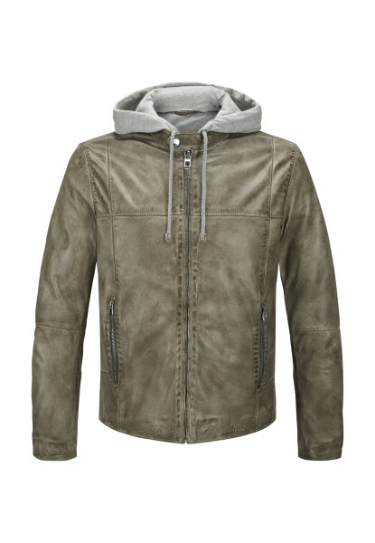 MILESTONE Herren Lederjacke MSRaymond mit Kapuze im gewaschenen khaki grün 56