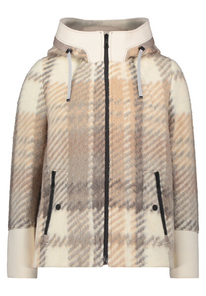 AMBER & JUNE Damen Wollstoff Jacke mit Kapuze, hellbeige braun kariert