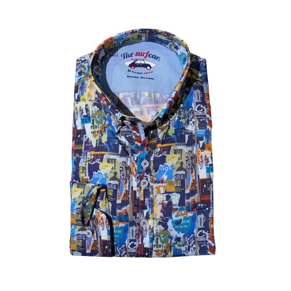 SURFCAR Herren Langarm Hemd mit Retro-Print, blau
