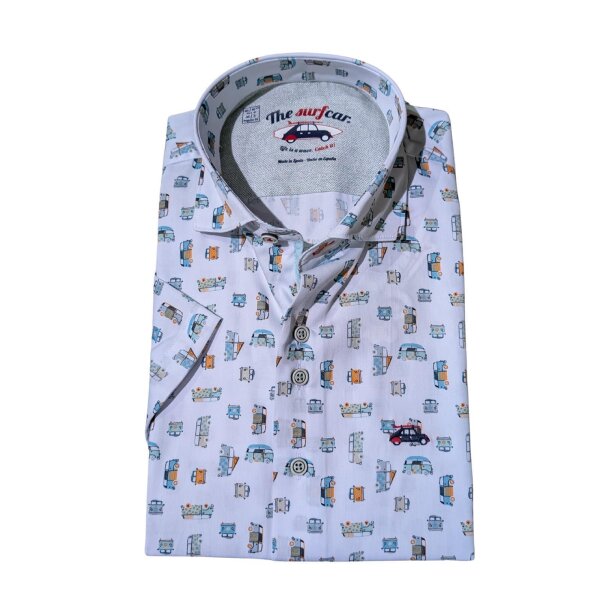 SURFCAR Herren Kurzarm Hemd mit Bulli Camper-Print, weiß