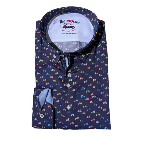 SURFCAR Herren Langarm Hemd mit Vesparoller-Print, blau L