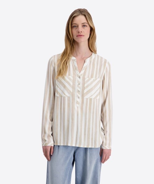 TIMEZONE Damen Langarm Henley Bluse, rice beige spripe