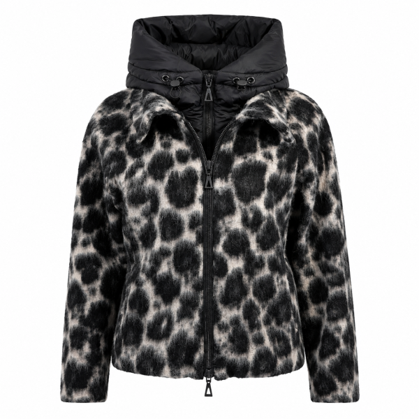 AMBER & JUNE Damen kurze Wollstoff Jacke gemusterst mit Kapuze, beige schwarz