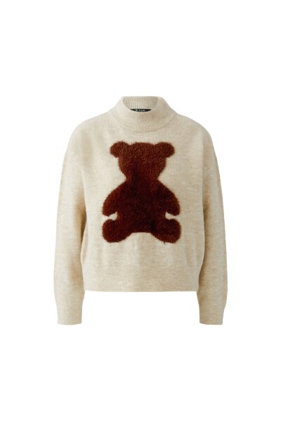 Miss Lagotte Damen Pullover mit  Stehkragen und Teddy Motiv, beige braun