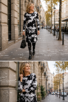 your cameo Damen Kleid Langarm, schwarz grau gemustert