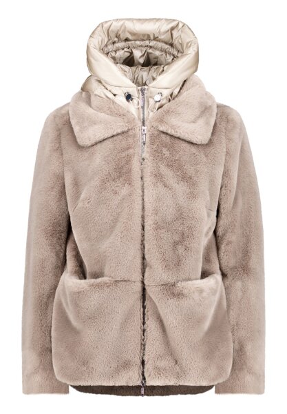 AMBER & JUNE Damen Plüsch Jacke mit Kapuze, braun gold