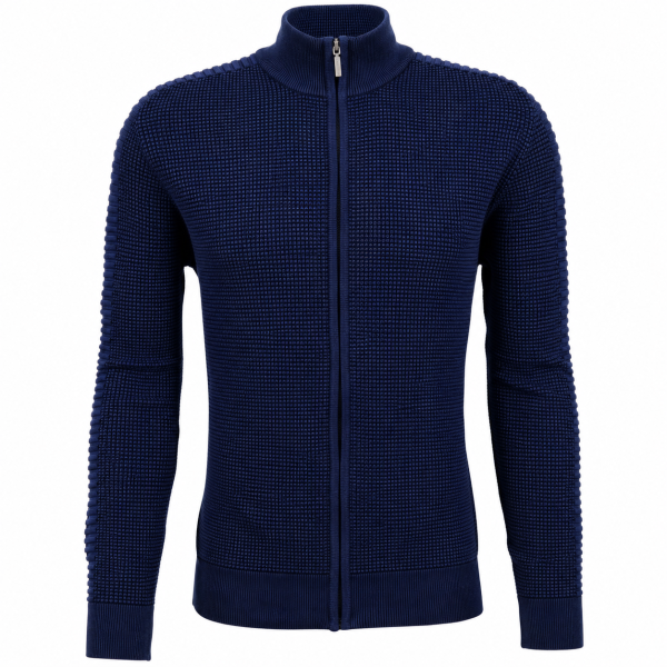 Mode Monte Carlo Herren Strickjacke mit Stehbund und Zip, Jeansblau