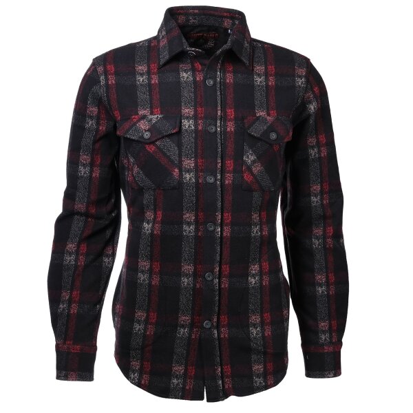 Mode Monte Carlo Herren Overshirt Hemd Jacke mit 2 Brusttaschen & Seitentaschen, schwarz mit rot