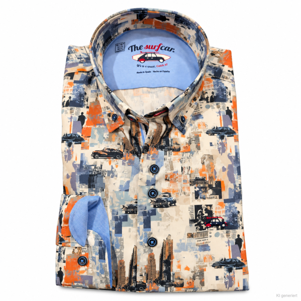 SURFCAR Herren Langarm Hemd "LISBO" mit City Motiv Print, weiß