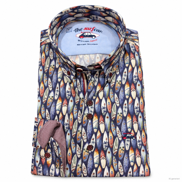 SURFCAR Herren Langarm Hemd "LISBO" mit Surfbrett Print, dunkelblau