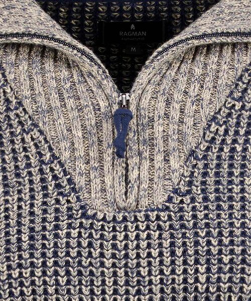 RAGMAN Herren Strickpullover Troyer-Kragen, Taupe-Blau