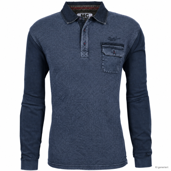 Mode Monte Carlo Herren Langarm Poloshirt Knopf, Mini-Waffelstruktur Jeansblau