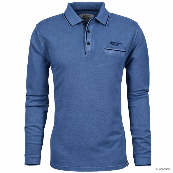 Mode Monte Carlo Herren Langarm Poloshirt Knopf ,Reiskornoptik Jeansblau