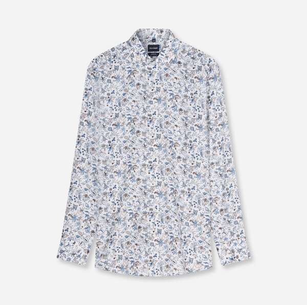 OLYMP Luxor modern fit. Langarm Hemd, Royal Kent, Blüten-Print weiß gemustert
