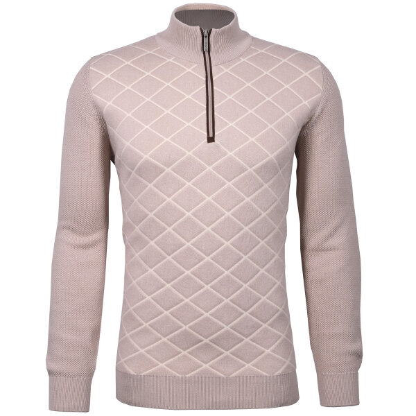 Mode Monte Carlo Herren Strickpullover mit Rautenmuster, Stehkragen Zip, beige